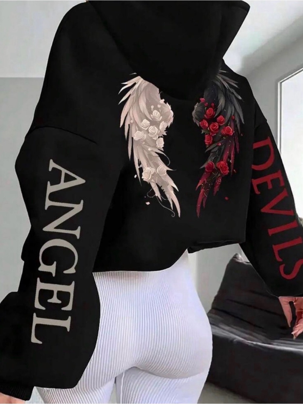 Angel Devil Graphic Cropped Hoodie - Black